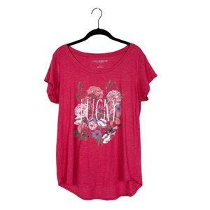 Lucky Brand Red Floral Graphic Tee Shirt Short Sleeve Cotton Blend Size L
